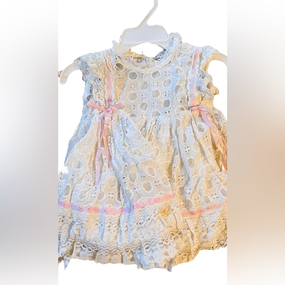Vintage 70s Baby Girl Ruffle 9 Month Pink Lace Sleeveless White Dress Coquette